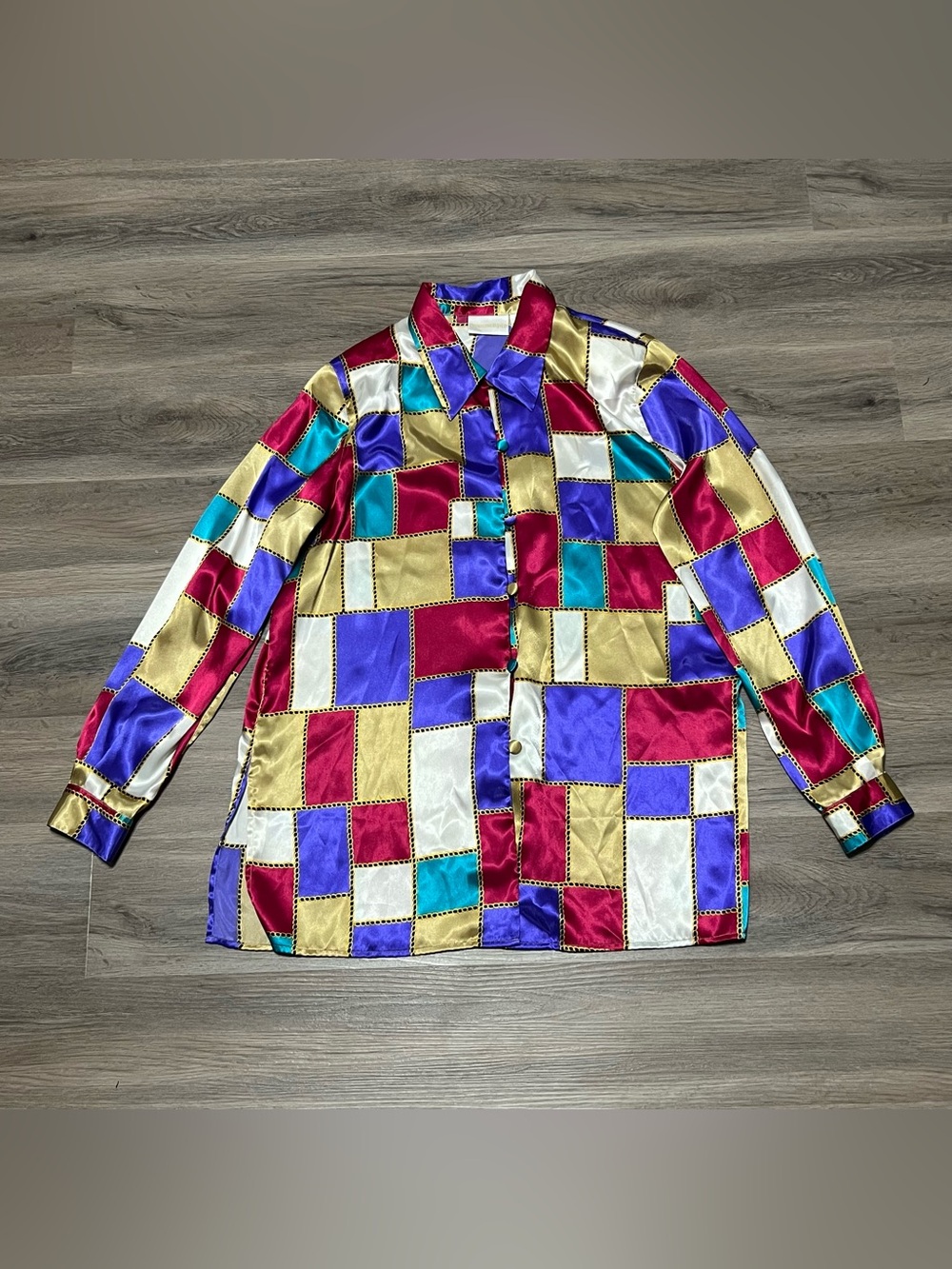 Vintage Christie & Jill Women's Large Button Up Colorblock Satin Chain Link 90s